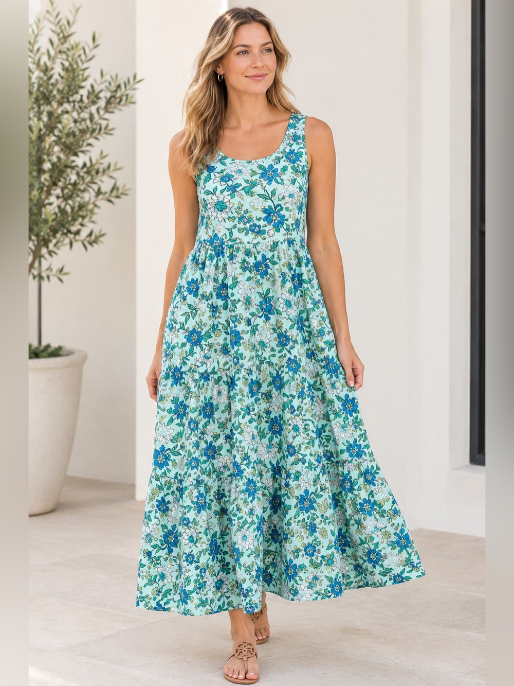 New Lands End Tiered Maxi Dress 3x (24-26w) Floral Cottage Boho Coastal Tencel